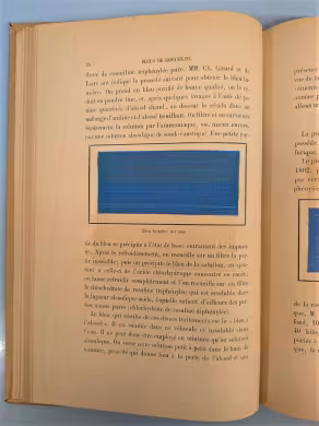 échantillon de bleu de Lyon, page du livre Progrès de l'industrie des matières colorantes artificielles, Adolph Wurtz